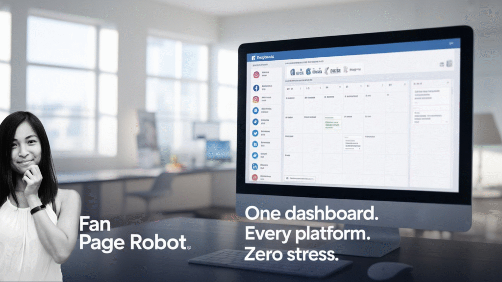 Fan Page Robot dashboard showing AI-generated posts scheduled across Facebook, Instagram, Pinterest, and Twitter in a calendar view.
