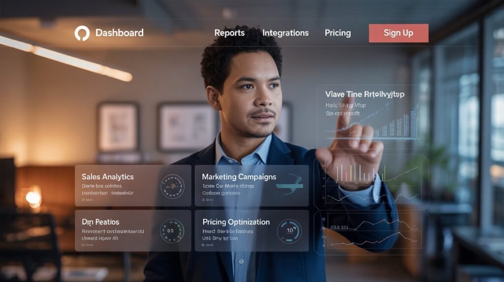 Workspace with laptop and large screen showing AI-powered business automation interface for sales, marketing, and pricing optimization, with holographic-style data overlays.