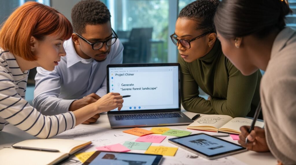 Creative team gathered around a laptop in a bright office, pointing at a shared AI workspace, with notebooks and post-it notes on the table.