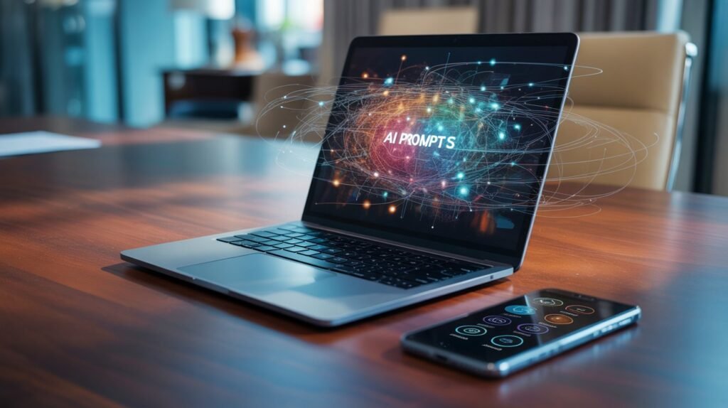 Sleek laptop showing a futuristic AI automation dashboard, smartphone beside it, with glowing holographic effects symbolizing innovation and workflow efficiency.