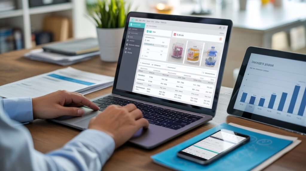 Business professional working on a laptop showing an inventory management dashboard with stock levels, product images, and pricing updates, alongside sales graphs on a tablet.