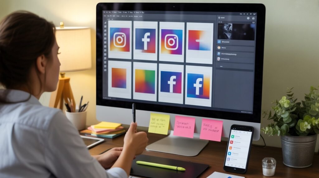 Designer working on a large monitor arranging social media post templates in a design software interface, with sticky notes, stylus, and smartphone nearby.
