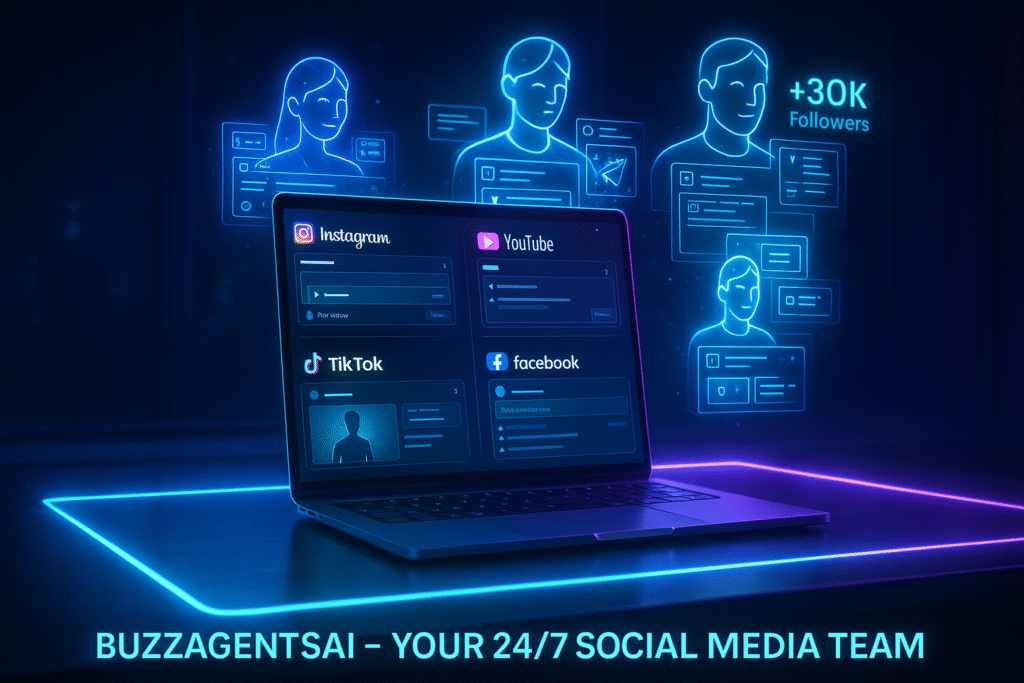 Futuristic laptop with glowing AI avatars creating social media posts automatically, holographic follower counts rising +30K, representing BuzzAgentsAI 24/7 automation tool.