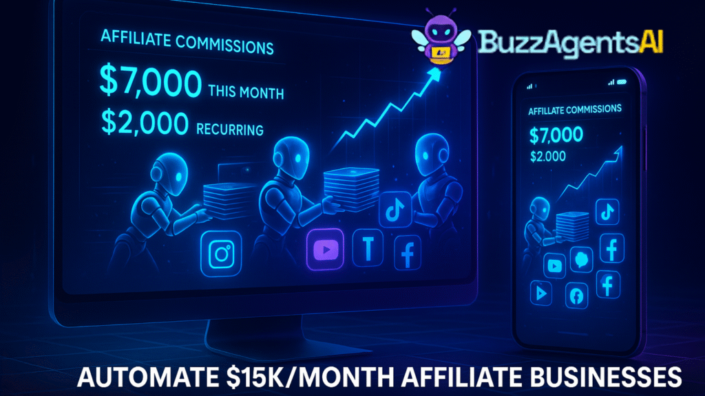 High-tech dashboard showing affiliate commissions increasing to $7,000 and $2,000 recurring, with holographic AI assistants posting content on Instagram, YouTube, TikTok, and Facebook for BuzzAgentsAI.